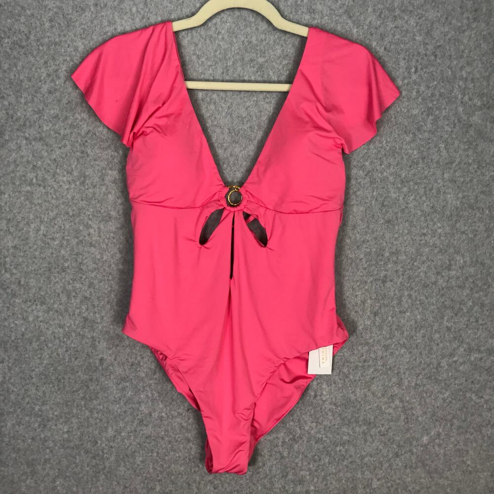 NEW $154 Trina Turk One Piece Swimsuit 10 Flutter Ruffle Plunge Tie Cutout READ
